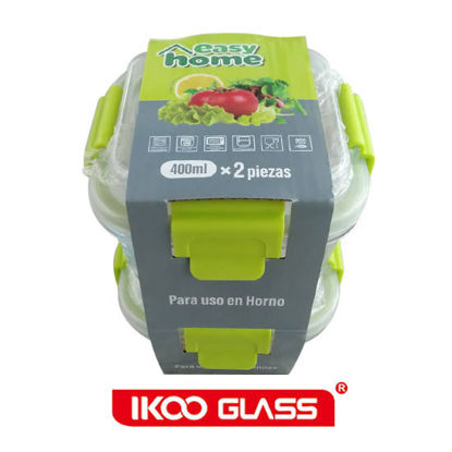 Picture of Ikoo 2pcs Square glass food container with high top lid - 400ML