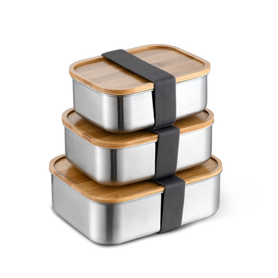 Picture of Metal Bento Box with Wooden Lid & Elastic Band (17 x 11 x 5cm)