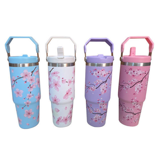 Picture of Vacuum Mug with Handle & Drinking Nozzle - 890ml (Peach/Flower)